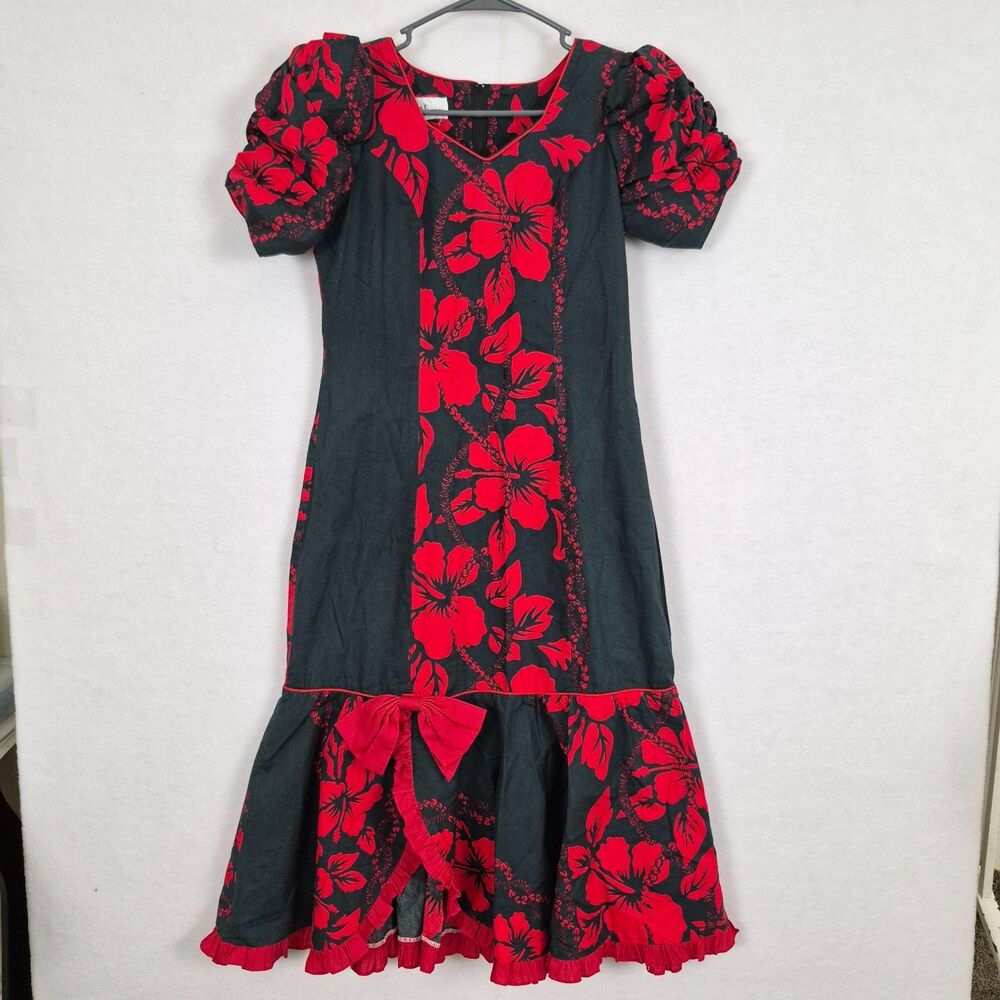 Muumuu Factory Hawaii Tropical Red Black Size 7/8 Dress Luau Ruffle Island Midi